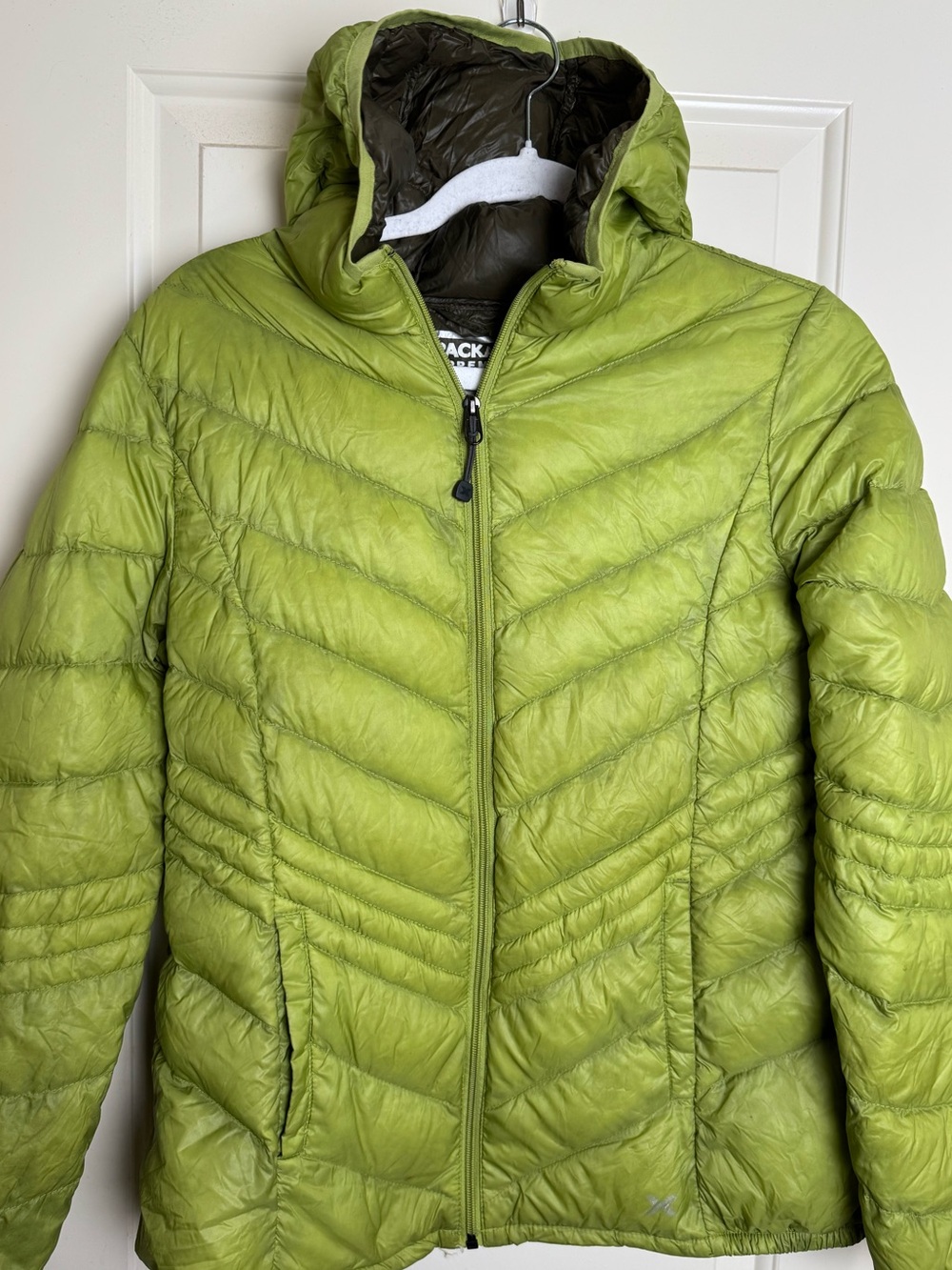 Xersion Packable Premium Down Hooded Puffer Jacket Green Small 90/10